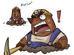 angry anthro armor beverage bodily_fluids brown_body clothing coffee duo exclamation_point hard_hat headgear helmet open_mouth overalls shirt sweat text topwear marimosgoldfish animal_crossing nintendo don_resetti mr._resetti eulipotyphlan mammal mole_(animal)