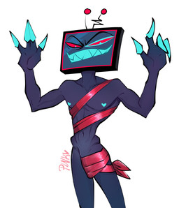 4_fingers athletic athletic_humanoid athletic_male blue_body blue_eyes blue_skin bulge claws detailed_bulge electronics finger_claws fingers for_a_head genital_outline heart_nipples looking_at_viewer male mostly_nude mostly_nude_humanoid mostly_nude_male navel nipples not_furry pecs penis_outline pupils red_sclera screen screen_face sharp_teeth simple_background slit_pupils smile solo teeth television text white_background wrapped wrapped_up wrappings pinksartdump hazbin_hotel hellaverse vox_(hazbin_hotel) demon demon_humanoid humanoid object_head screen_head tv_head 2024 artist_name digital_drawing_(artwork) digital_media_(artwork) hi_res watermark
