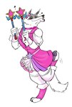 anthro clothed clothing crossdressing dress dual_wielding fluffy grin holding_object holding_weapon magical_girl_outfit magical_girl_wand male one_eye_closed one_leg_up raised_leg red_eyes smile solo star weapon wink ultimatellurker dreamworks puss_in_boots_(franchise) death_(puss_in_boots) canid canine canis mammal wolf hi_res