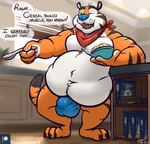 anthro balls_outline belly big_belly bowl bulge cereal cereal_box clothing container countershading cutlery detailed_bulge dialogue food genital_outline kitchen kitchen_utensils looking_at_another male mascot navel one_eye_closed open_mouth overweight overweight_anthro overweight_male scarf solo speech_bubble spoon tools underwear tanio frosted_flakes kellogg's tony_the_tiger felid mammal pantherine tiger 2021