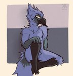 3_toes 4_fingers anthro avian_feet avian_legs beak biped black_beak black_eyes blue_body blue_fur border feathers featureless_crotch feet fingers front_view fur hand_on_knee hand_on_leg male nude pose simple_background sitting solo tail tail_feathers toes white_border kickingkeldeo avian bird oscine passerine starling_(bird) 2025 adversarial_noise dated digital_drawing_(artwork) digital_media_(artwork) hi_res signature