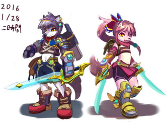 accessory anthro armor backpack belt boots bottomwear bow_ribbon clothed clothing dual_persona duo ear_piercing female footwear fur gloves hair hair_accessory hair_ribbon handwear headband male melee_weapon piercing ponytail ribbons shoes shorts simple_background sword weapon white_background ni_jikan canid canine mammal signature