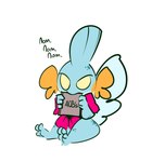 accessory anthro baby bite blue_body book bow_(feature) bow_accessory bow_ribbon cheek_fins feet female fin freckles simple_background sitting solo tail tail_fin toes young young_female 1upgobbo nintendo pokemon noh_(1upgobbo) generation_3_pokemon mudkip pokemon_(species) hi_res