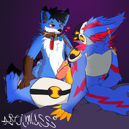 2_penises 2_tails anthro black_body black_fur blue_body blue_eyes blue_fur blush blush_lines bodily_fluids brown_body brown_fur collar duo ear_piercing erection feet frottage fur genital_fluids genitals golden_claws heart_symbol heterochromia industrial_piercing leaking_precum leash leash_in_mouth leg_grab machine male male/male multi_genitalia multi_penis multi_tail object_in_mouth paws penile penis penises_touching piercing precum precum_on_penis red_body red_eyes red_fur sex shark_tail tail white_body white_fur yellow_penis artimuss kyahkotanameshi_(character) sweet_tooth_(artimuss) aquatic canid canine canis dhole fish hybrid mammal protogen shark wolf
