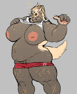 anthro areola beard belly big_belly big_breasts big_butt biped body_hair bottomwear breasts brown_body brown_fur brown_nose butt claws clothed clothing clothing_lift ear_piercing facial_hair female flashing fur furgonomics genitals gesture hair hairy hand_gesture huge_breasts inverted_nipples long_hair looking_at_viewer navel navel_piercing nipples one_eye_closed overweight overweight_anthro pawpads piercing pointing scar seductive shirt shirt_lift shorts simple_background smile solo standing tank_top teeth thick_thighs topwear undressing vulva whiskers wide_hips wink ritts gil_(ritts) mammal mustelid otter portrait three-quarter_portrait trans_(lore) trans_man_(lore)