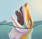 almost_fully_inside anthro anthro_pred anthro_prey duo fish hexadec hi_res male marine neck_bulge open_mouth oral_vore paw_in_mouth paws sea shark ship swallowing vehicle vore water watercraft yacht