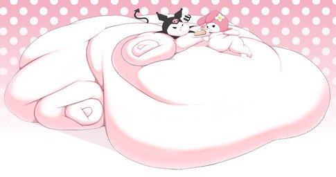 anthro belly belly_squish big_belly big_butt big_cheeks black_clothing black_ears black_eyes black_headwear black_tail butt chubby_cheeks clothing dotted_background duo eyelashes female flower_accessory headgear headwear holding_object holding_plate huge_belly huge_butt huge_cheeks huge_thighs hyper hyper_belly hyper_butt hyper_thighs immobile lying_on_another morbidly_obese morbidly_obese_anthro morbidly_obese_female no_pupils obese obese_anthro obese_female overweight overweight_anthro overweight_female pattern_background pie_(food) pink_background pink_clothing pink_ears pink_headwear pink_nose plate simple_background sitting spade_tail squish tail thick_thighs three-quarter_view weight_gain white_body shweetmagnet onegai_my_melody sanrio kuromi my_melody demon lagomorph leporid mammal rabbit 2024 absurd_res colored digital_media_(artwork) hi_res shaded