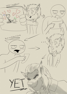 anthro blush clothing dialogue duo evil_grin fur hair male open_mouth silly silly_face simple_background smile text tongue tongue_out lynxcorner anon patt_(lynxcorner) felid feline human humanoid lynx mammal absurd_res comic digital_media_(artwork) english_text hi_res monochrome