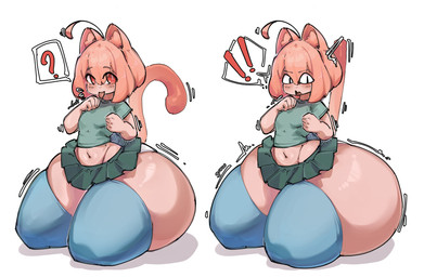 ahoge big_butt blush blush_lines bottom_heavy bottomwear breasts butt butt_expansion clothing exclamation_point expansion female hair huge_butt huge_thighs hyper hyper_butt hyper_thighs kneeling legwear midriff motion_lines navel pink_hair question_mark raised_tail red_eyes short_hair simple_background skirt small_breasts solo sound_effects stockings tail text thick_thighs thigh_expansion wide_eyed crr001 chi_(moonlightwarrior) animal_humanoid cat_humanoid felid felid_humanoid feline feline_humanoid humanoid mammal mammal_humanoid absurd_res character_request hi_res