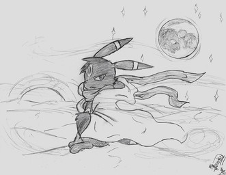 ambiguous_gender bedding blanket full_moon looking_at_viewer moon night scarf sitting solo star wind jackerwobb nintendo pokemon eeveelution generation_2_pokemon pokemon_(species) umbreon 2013 black_and_white monochrome