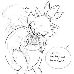 abdl ageplay anthro bent_over bib big_diaper biped clothed clothing dialogue diaper eyelashes feces female forehead_gem gem hair half-closed_eyes hand_on_diaper hand_on_own_diaper huge_diaper infantilism looking_at_diaper looking_back narrowed_eyes object_in_mouth offscreen_character pacifier pacifier_in_mouth pet_name roleplay simple_background soiled_diaper soiling solo speech_bubble standing stink_fumes talking_to_another teasing text tied_hair touching_diaper unclean_diaper used_diaper wearing_diaper white_background mewabdl sega sonic_the_hedgehog_(series) blaze_the_cat domestic_cat felid feline felis mammal 1:1 2025 black_and_white digital_media_(artwork) english_text hi_res monochrome