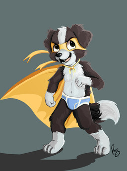 anthro black_nose blue_bottomwear blue_briefs blue_clothing blue_underwear bottomwear briefs brown_body brown_fur cape clothing fangs floppy_ears fur glistening glistening_eyes grey_background logo male male_anthro mask open_mouth open_smile pink_tongue simple_background smile solo standing teeth tongue underwear wearing_mask white_seam_briefs yellow_cape yellow_clothing yellow_mask young young_anthro young_male pandapaco roni_(imroni) border_collie canid canine canis collie domestic_dog herding_dog mammal pastoral_dog sheepdog artist_logo signature