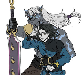 anthro black_body black_fur black_hair duo fur greatsword hair long_hair male melee_weapon muscular muscular_anthro muscular_male pecs sword weapon white_hair 4camyg bandai_namco digimon digimon_beatbreak kyo_sawashiro digimon_(species) felid human mammal pantherine