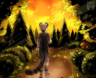 ambiguous_gender anthro biped black_body black_ears black_fur black_tail blue_body blue_fur blue_spots blue_tail cheek_tuft detailed_background dipstick_ears dipstick_tail ear_markings facial_tuft forest fur grey_body grey_ears grey_fur grey_tail hair looking_away markings multicolored_body multicolored_ears multicolored_fur multicolored_hair multicolored_tail plant solo spots sunset tail tail_markings tree tuft two_tone_ears white_body white_fur white_hair white_tail fleurfurr kaspr_(ailurusfloof) felid mammal pantherine snow_leopard 2019