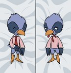 anthro beak bedroom_eyes blue_body blue_feathers business_attire clothed clothing dakimakura eyes_closed feathers feet half-closed_eyes hands_on_bed lying male narrowed_eyes necktie on_back pantsless pink_clothing pink_shirt pink_topwear red_necktie seductive shirt smile solo topwear untied yellow_beak anonymous_artist mappy shiftylook sky_kid avian bird blue_bird hi_res