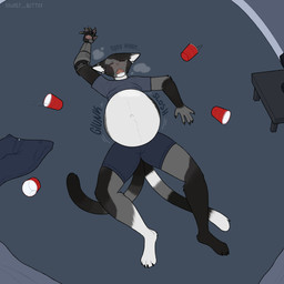 2_tails anthro belly belly_inflation big_belly black_body black_clothing black_fur black_shirt black_t-shirt black_topwear black_underwear bottomwear clothing denim denim_bottomwear denim_clothing eyes_closed fur grey_body grey_fur high-angle_view humanoid_hands inflation jeans liquid_inflation lying lying_on_ground male multi_tail navel on_back on_ground onomatopoeia open_mouth pants pants_off pawpads pink_mouth pink_pawpads pink_tongue prosthetic prosthetic_arm prosthetic_limb raised_t-shirt red_solo_cup shirt sloshing_belly solo sound_effects t-shirt tail text thin_tail tongue topwear underwear water_inflation white_body white_fur white_inner_ear xxwolf_buttxx felid feline mammal 1:1 2026 absurd_res digital_media_(artwork) english_description english_text hi_res