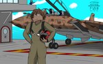 aircraft aircraft_carrier airplane anthro armor brown_body brown_eyes brown_fur brown_hair camo cheek_tuft clothed clothing duo facial_tuft flightsuit fur hair headgear helmet holding_armor holding_headgear holding_helmet holding_object jet male navy outside ship smile solo_focus standing tuft vehicle warship watercraft keesthewolf f-14 twokinds zen_(twokinds) canid canine canis mammal wolf 16:10 widescreen