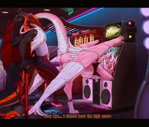 anthro arcade arcade_machine black_body bodily_fluids breasts clothed clothing dancing duo female fur genital_fluids genitals hair hanging_breasts horn looking_back male male/female multicolored_body orange_body orange_fur panties panties_down partially_clothed penetration penile penile_penetration penis pink_body pink_fur precum raised_tail red_body sex tail teasing teasing_with_butt text underwear underwear_down undressing white_body white_fur wings awoxi bemani dance_dance_revolution konami mythology ryzia sulfer dragon furred_dragon furred_scalie mythological_creature mythological_scalie scaled_dragon scalie hi_res