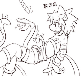 3_eyes anthro belly_mouth bodily_fluids body_horror forked_tongue genitals interrobang living_penis male multi_eye multi_mouth nervous open_mouth penis penis_mouth penis_snake prehensile_penis question_mark sharp_teeth simple_background slime solo striped_genitalia striped_penis stripes surprised suspension sweat sweatdrop teeth tentacles text tongue tongue_out unusual_anatomy unusual_genitalia unusual_penis hane arbre_(hane) domestic_cat felid feline felis mammal reptile scalie snake 2012 black_and_white japanese_text monochrome