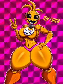 anthro beakless bib big_breasts black_sclera breasts clothing doll_joints eyelashes featureless_breasts female gesture hand_gesture hand_on_hip head_feathers head_tuft heart_eyes heart_symbol machine navel open_mouth panties pattern_background pink_background pink_clothing pink_panties pink_underwear purple_background rosy_cheeks sharp_teeth simple_background smile solo teeth text thick_thighs tuft underwear v_sign white_eyes wide_hips yellow_body drawsfigures five_nights_at_freddy's five_nights_at_freddy's_2 scottgames lovetaste_chica toy_chica_(fnaf) animatronic avian bird chicken galliform phasianid robot 2022 digital_media_(artwork) hi_res