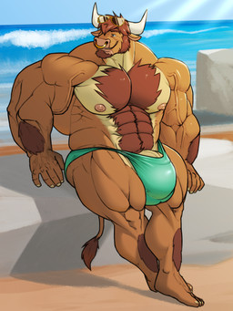 2_horns 5_fingers abs anthro areola arm_tuft barazoku barely_contained barely_contained_penis beard belly_hair biceps big_bulge big_muscles big_pecs biped body_hair brown_beard brown_body brown_body_hair brown_ears brown_eyebrows brown_facial_hair brown_fur brown_hair brown_pubes bulge calf_muscles chest_hair closed_smile clothed clothed_anthro clothed_male clothing countershade_fur countershade_torso countershading day deltoids detailed_background detailed_bulge eyebrows eyewear eyewear_on_head facial_hair facial_piercing feet fingernails fingers forearm_muscles fur genital_outline genitals gold_nose_ring gold_piercing gold_ring_piercing green_clothing green_speedo green_swimwear hair hairy happy_trail horn huge_bulge huge_muscles humanoid_feet humanoid_hands hyper hyper_muscles leaning leaning_backward leg_tuft looking_aside male male_anthro manly mouth_closed multicolored_body multicolored_fur muscular muscular_anthro muscular_arms muscular_male nails nipples nose_piercing nose_ring outside pecs penis penis_base penis_outline piercing pink_areola pink_inner_ear pink_nipples pink_nose plantigrade pubes quads ring_piercing sea septum_piercing septum_ring sky smile solo speedo speedo_only standing sunglasses sunglasses_on_head swimwear swimwear_only tail tail_tuft tan_body tan_countershading tan_fur three-quarter_view toenails toes topless topless_anthro topless_male trapezius triceps tuft vein veiny_muscles veiny_penis water wave wearing_sunglasses white_horn kajy diesel_(komatose) bovid bovine cattle mammal 3:4 absurd_res digital_drawing_(artwork) digital_media_(artwork) full-length_portrait hi_res portrait shaded