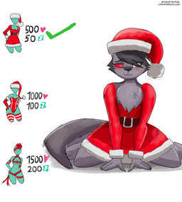 :3 anthro barefoot bedroom_eyes black_hair blind_eye blush blush_lines chest_tuft christmas_clothing christmas_headwear clothing costume crossgender empty_eyes eye_scar facial_scar feet female fur grey_body grey_fur hair hair_over_eye hat headgear headwear holidays kneeling looking_at_viewer mtf_crossgender narrowed_eyes red_eyes santa_costume santa_dress santa_hat scar seductive short_hair simple_background smile solo spread_legs spreading tail text tuft twitter_handle white_background white_eyes thegiftedfire christmas hellaverse helluva_boss mythology vortex_(helluva_boss) canid canid_demon canine demon hellhound mammal mythological_canine mythological_creature 2025 absurd_res artist_name hi_res