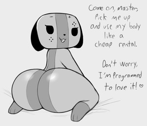 :3 anthro big_butt butt female heart_after_text heart_symbol huge_butt kneeling looking_at_viewer looking_back looking_back_at_viewer master nude ownership paws rear_view solo text text_with_heart kierus nintendo nintendo_switch switch_dog canid canine canis domestic_dog mammal english_text greyscale monochrome