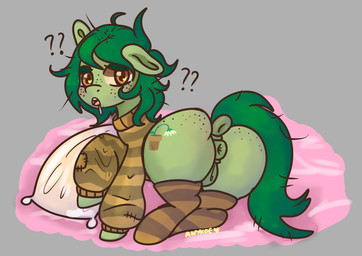 anus blush bodily_fluids butt clothing drooling female feral footwear freckled_butt freckled_face freckles genitals hair looking_at_viewer messy_hair open_mouth pillow question_mark saliva simple_background socks solo tired vulva anykoe equestria_girls hasbro my_little_pony wallflower_blush_(eg) earth_pony equid equine horse mammal pony hi_res signature