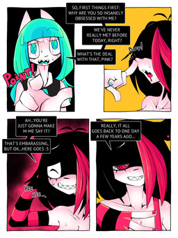 anthro blue_eyes blue_fingernails blue_hair blue_nails bodily_fluids boop colored_nails dialogue drooling duo female female/female fingernails gesture hair hand_gesture nails pointing red_eyes red_fingernails red_hair red_nails saliva text ponporio the_disappearance_of_girl_a girl_a girl_b felid mammal 3:4 absurd_res comic english_text hi_res