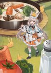 clothed clothing dress female food fully_clothed grey_hair hair holding_object kitchen_utensils ladle long_hair long_sleeves open_mouth orange_eyes solo tools twintails_(hairstyle) young megane_helios arknights hypergryph studio_montagne warmy_(arknights) animal_humanoid humanoid lagomorph lagomorph_humanoid leporid_humanoid mammal mammal_humanoid rabbit_humanoid 2024 absurd_res english_description full-length_portrait hi_res portrait