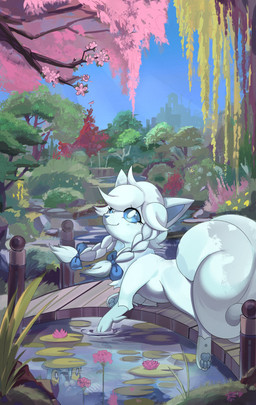 accessory ambiguous_gender blue_eyes braided_hair bridge cherry_blossom cherry_tree detailed_background feet feral flower fruit_tree fur grass hair hair_accessory hair_ribbon long_hair lying on_front outside partially_submerged pawpads plant prunus_(flower) ribbons river sky smile soles solo tail tree water water_lily white_body white_fur white_hair white_tail psibunny nintendo pokemon generation_1_pokemon pokemon_(species) vulpix 2025 absurd_res hi_res