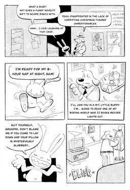 accessory anthro clothing dialogue duo floppy_ears furniture grin hat headgear headwear humor male navel necktie sharp_teeth slightly_chubby smile sofa teeth text cubert sam_and_max max_(sam_and_max) samuel_dog canid canine canis domestic_dog lagomorph leporid mammal rabbit comic english_text hi_res monochrome