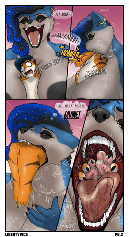 anthro big_breasts black_eyeshadow black_sclera blue_body blue_fur border breasts butt claws duo ear_piercing eyeshadow facial_piercing female female_pred femboy fur furgonomic_piercing furgonomics genitals hair huge_breasts imminent_death larger_female makeup male male/female muzzle_piercing nipples nose_piercing nude oral_vore orange_body orange_fur piercing simple_background size_difference smaller_male tail text unwilling_prey vore white_body white_border white_fur libertyvice victor_alice_reed canid canine felid mammal pantherine tiger absurd_res comic digital_media_(artwork) english_text hi_res
