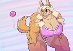 anthro ball big_muscles blonde_hair blue_eyes bra breasts brown_body brown_fur canid canine canis cleavage clothed clothing conditional_dnp english_text female fur grin hair heart_symbol huge_muscles jollyjack mammal muscular muscular_anthro muscular_female mythological_canine mythological_creature mythology pigtails smile solo sports_bra tail tail_motion tailwag tan_body tan_fur teeth text text_on_bra text_on_clothing text_on_sports_bra text_on_underwear translucent translucent_hair underwear were werecanid werecanine werewolf wolf