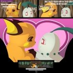 1:1 2011 anthro brown_eyes chikorita colored comic conditional_dnp day detailed_background dialogue duo ears_down english_text female forest generation_1_pokemon generation_2_pokemon heart_symbol insomniacovrlrd interspecies kissing love male male/female mammal nintendo outside pivoted_ears plant pokemon pokemon_(species) raichu red_eyes rodent romantic romantic_ambiance romantic_couple text tree wood