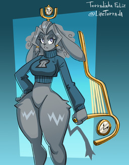 anthro antlers blue_background blue_clothing blue_sweater blue_topwear bottomless breasts breath cleavage clock clothed clothing cosplay cropped_sweater female fur grey_body grey_fur grey_hair hair holding_object holding_weapon horn long_ears pupils purple_eyes simple_background solo standing sweater thick_thighs topwear unusual_pupils weapon wide_hips torradinhafeliz lua_roxa pseudoregalia christine_butterscotch sybil_(pseudoregalia) bovid caprine felid feline goat hybrid jackalope lagomorph leporid mammal rabbit absurd_res hi_res