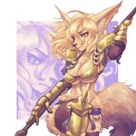 absurd_res ahoge anthro armor bennyvania big_ears bikini_armor blonde_hair blowup_background bottomwear bra breasts brown_eyes canid canine cleavage clothed clothing dinah_(unicorn_overlord) female fluffy fluffy_tail fox frown fur gauntlets gloves greaves hair handwear hi_res holding_object holding_spear holding_weapon loincloth looking_aside mammal melee_weapon one_leg_up polearm raised_leg simple_background snout solo spear tail unconvincing_armor underwear unicorn_overlord vanillaware weapon yellow_body yellow_fur