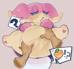 2024 ambiguous_gender anthro audino belly belly_grab big_belly blue_eyes blush bodily_fluids disembodied_hand duo eyelashes featureless_crotch first_person_view fluffy fluffy_tail food fruit generation_5_pokemon hair half-closed_eyes heart_pawpads hi_res human human_on_anthro interspecies legs_up ligma_(artist) looking_at_viewer lying mammal narrowed_eyes nintendo null open_mouth pawpads peach_(fruit) pink_background plant pokemon pokemon_(species) question_mark simple_background slightly_chubby solo_focus spread_legs spreading sweat tail thick_arms thick_thighs unknown_artist