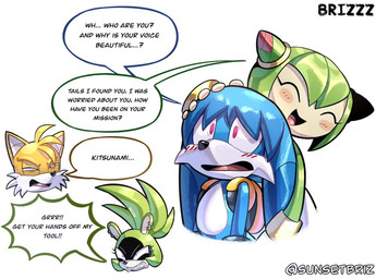 angry anthro big_ears blue_body blue_eyes blue_fur blush cheek_tuft dialogue duo facial_tuft female floppy_ears fur group male male/female pink_eyes plant speech_bubble text tuft sunsetbriz idw_publishing sega sonic_the_hedgehog_(comics) sonic_the_hedgehog_(idw) sonic_the_hedgehog_(series) sonic_x cosmo_the_seedrian kitsunami_the_fennec miles_prower surge_the_tenrec afrosoricid canid canine canis domestic_dog elemental_creature fennec_fox flora_fauna fox hybrid mammal seedrian tenrec true_fox english_text signature