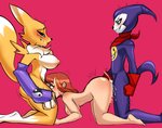 all_fours anthro bandai_namco big_breasts bodily_fluids breasts canid canine cum cum_in_pussy cum_inside cunnilingus darigem digimon digimon_(species) digiphilia doggystyle female female/female female_on_anthro from_behind_position genital_fluids genitals group group_sex hair hi_res human humanoid imp impmon interspecies male male/female mammal nude oral pussy red_hair renamon rika_nonaka sex threesome trio vaginal