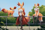 anthro breasts evolutionary_family female feral fluffy fluffy_tail fur group leaning light sitting sunlight tail halu nintendo pokemon braixen canid canine delphox fennekin generation_6_pokemon mammal pokemon_(species) 3:2 hi_res warm_colors