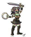 armor black_hair boots bracers breasts chakram clothed clothing ear_piercing female footwear green_body green_skin hair holding_object holding_weapon humanoid_pointy_ears leather leather_armor legwear melee_weapon not_furry open_mouth piercing pointy_ears pupils ranged_weapon sharp_teeth shoes simple_background slit_pupils solo standing sword teeth thigh_boots thigh_highs weapon valegor xena_warrior_princess gobbo_(kooni) xena goblin humanoid mammal crossover digital_media_(artwork) hi_res