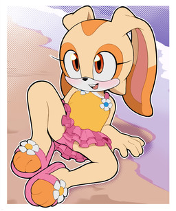 black_nose blush blush_lines clothed clothing countershading dipstick_ears ear_markings ears_back ears_down eye_markings eyelashes female fur glistening glistening_eyes loli long_ears markings multicolored_ears one-piece_swimsuit orange_ears orange_eyes orange_markings pink_inner_ear pivoted_ears pupils sitting solo spread_legs spreading swimwear tan_body tan_ears tan_fur white_body white_countershading white_fur young gaturo sega sonic_the_hedgehog_(series) cream_the_rabbit lagomorph leporid mammal rabbit 2025 absurd_res hi_res