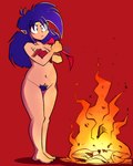 big_hair breasts burning_clothes clothing covering covering_breasts crossed_arms female fire front_view frown gloves hair handwear humanoid_pointy_ears long_hair navel nude pointy_ears pubes purple_eyes purple_hair purple_pubes red_background red_clothing red_gloves red_handwear simple_background solo tan_body tan_skin thick_thighs wide_hips popfulblue elf humanoid 4:5 absurd_res hi_res