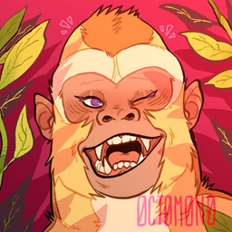 anthro eyelashes fangs front_view fur male male_anthro one_eye_closed open_mouth orange_body orange_fur pink_tongue plant purple_eyes simple_background solo teeth text tongue yellow_body yellow_fur 0ct0m0n0 haplorhine mammal monkey primate 1:1 artist_name bust_portrait portrait
