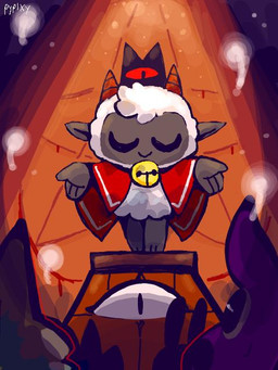 2_horns 4_fingers anthro bell bell_collar biped clothing collar eyes_closed fingers foreground_spectators fur grey_body group head_tuft horn male red_clothing silhouette smile solo_focus standing tuft white_body white_fur wool_(fur) pypixy cult_of_the_lamb massive_monster_(studio) lamb_(cult_of_the_lamb) red_crown_(cult_of_the_lamb) bovid caprine domestic_sheep mammal sheep 2022 digital_media_(artwork) digital_painting_(artwork) painting_(artwork) signature