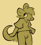 anthro balls bottomless clothed clothing flaccid genitals male navel neutral_expression penis shirt simple_background small_penis solo standing tail topwear x_navel yellow_background yellow_body goopystem_(artist) american_opossum mammal marsupial 2024 digital_drawing_(artwork) digital_media_(artwork) hi_res restricted_palette