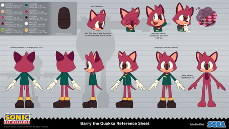 ambiguous_gender black_nose bodily_fluids bottomless bow_tie clothed clothing color_swatch footwear fur gloves green_eyes handwear male name_tag nude red_body red_fur shoes solo sweat text deegeemin sega sonic_the_hedgehog_(series) the_murder_of_sonic_the_hedgehog barry_(sonic) dr._eggman sonic_the_hedgehog macropod mammal marsupial quokka 16:9 absurd_res english_description english_text hi_res model_sheet official_art widescreen