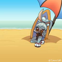 anthro beach beach_umbrella breasts clothing eyewear female flip_flops fluffy fluffy_hair footwear hair long_ears medium_breasts nipple_outline one-piece_swimsuit parasol pink_eyes sandals sea shoes shortstack solo summer sunglasses surfboard swimwear thick_thighs water wide_hips turkojar angelina_(turkojar) lagomorph leporid mammal rabbit hi_res