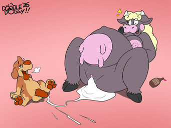 after_sex bodily_fluids cum duo excessive_cum excessive_genital_fluids female genital_fluids leaking_cum leaking_vagina looking_pleasured male male/female size_difference spontaneous_impregnation surprised teats toony udders doodledoggy mayternity mayternity_2026 doodle_(doodledoggy) noelle_(honeebuns) bovid bovine canid canine canis cattle domestic_dog mammal 4:3 hi_res